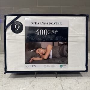 STEARNS & FOSTER QUEEN 400 Thread Cotton Sateen Sheet Set WHITE msrp$229 new